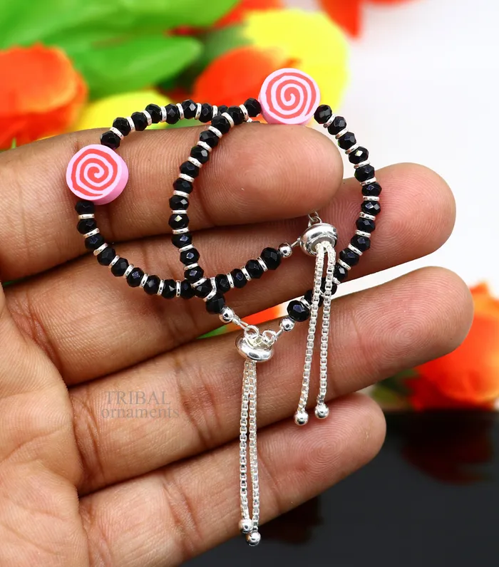 TRIBAL ORNAMENTS Bracelets Stylish baby black beaded bangle bracelet or ankle bracelet 925 sterling silver handmade customized kids jewelry form india bbr41