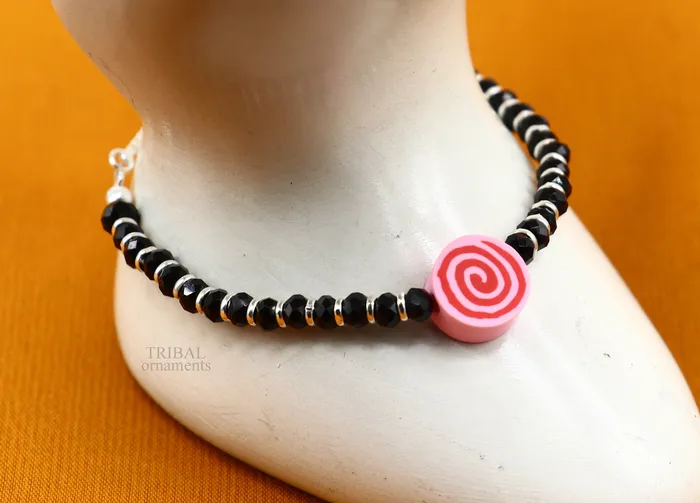 TRIBAL ORNAMENTS Bracelets Stylish baby black beaded bangle bracelet or ankle bracelet 925 sterling silver handmade customized kids jewelry form india bbr41