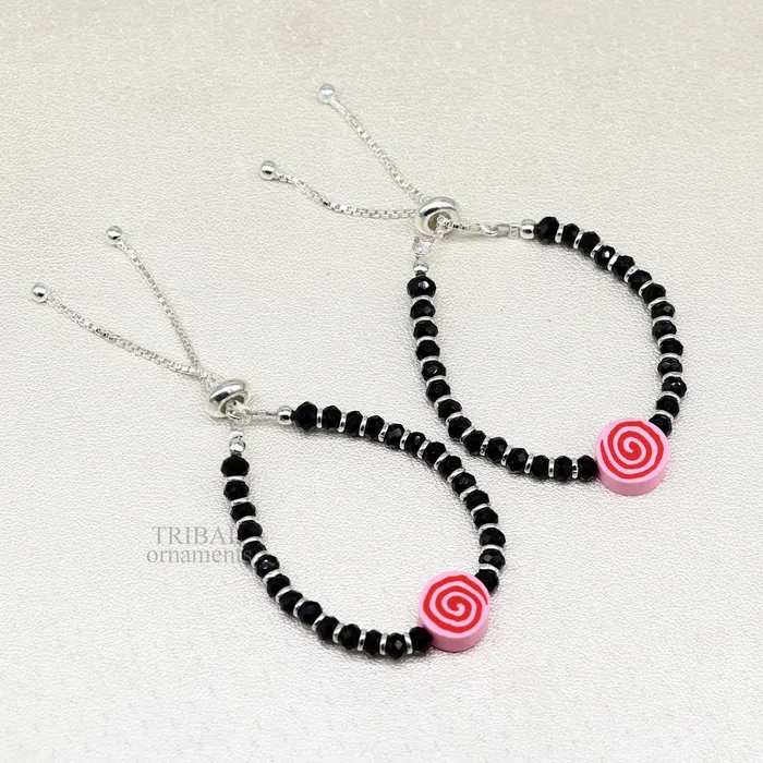 TRIBAL ORNAMENTS Bracelets Stylish baby black beaded bangle bracelet or ankle bracelet 925 sterling silver handmade customized kids jewelry form india bbr41
