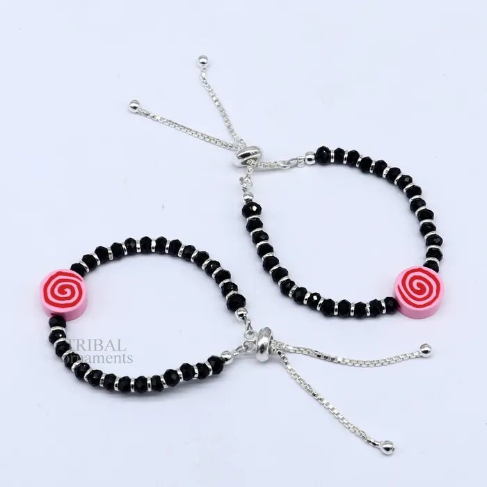 TRIBAL ORNAMENTS Bracelets Stylish baby black beaded bangle bracelet or ankle bracelet 925 sterling silver handmade customized kids jewelry form india bbr41