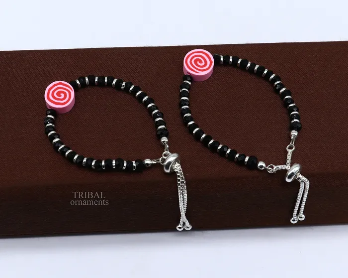 TRIBAL ORNAMENTS Bracelets Stylish baby black beaded bangle bracelet or ankle bracelet 925 sterling silver handmade customized kids jewelry form india bbr41