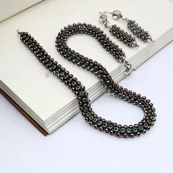 TRIBAL ORNAMENTS Earrings 18 Modern stylish fashionable cultural heavy chain And earrings 925 sterling silver and red green stone chain ch593 TRIBAL ORNAMENTS Earrings 18 Modern stylish fashionable cultural heavy chain And earrings 925 sterling silver and red green stone chain ch593