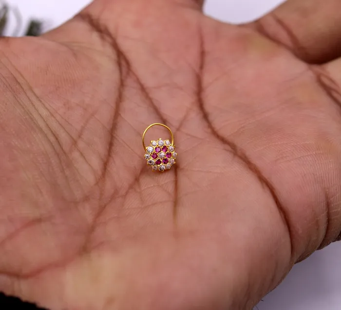 TRIBAL ORNAMENTS Earrings 18kt yellow gold handmade fabulous pink color stone cubic zircon nose studexcellent women girls daily use jewelry from Rajasthan gnp17 TRIBAL ORNAMENTS Earrings 18kt yellow gold handmade fabulous pink color stone cubic zircon nose studexcellent women girls daily use jewelry from Rajasthan gnp17