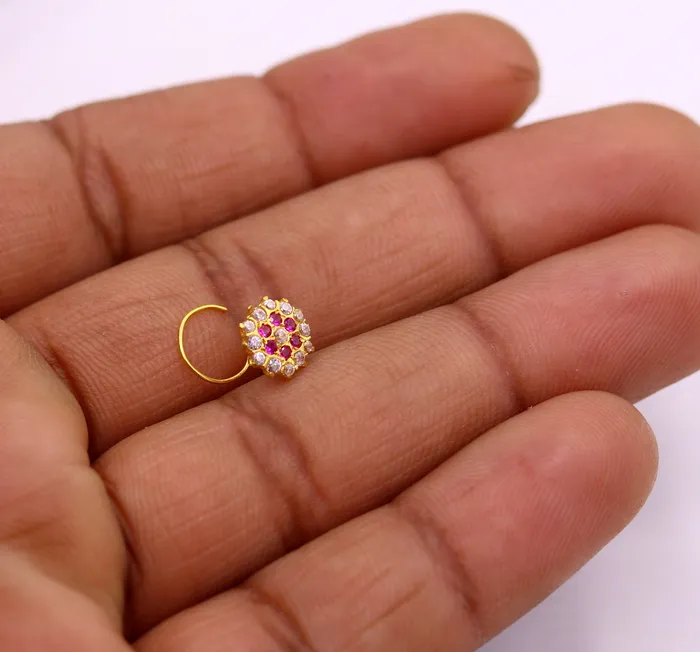 TRIBAL ORNAMENTS Earrings 18kt yellow gold handmade fabulous pink color stone cubic zircon nose studexcellent women girls daily use jewelry from Rajasthan gnp17 TRIBAL ORNAMENTS Earrings 18kt yellow gold handmade fabulous pink color stone cubic zircon nose studexcellent women girls daily use jewelry from Rajasthan gnp17