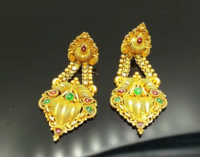 TRIBAL ORNAMENTS Earrings 22carat karat yellow gold handmade filigree work stud earring fabulous indian traditional design earring jewelry