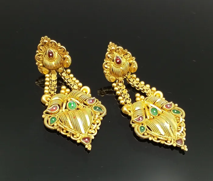 TRIBAL ORNAMENTS Earrings 22carat karat yellow gold handmade filigree work stud earring fabulous indian traditional design earring jewelry