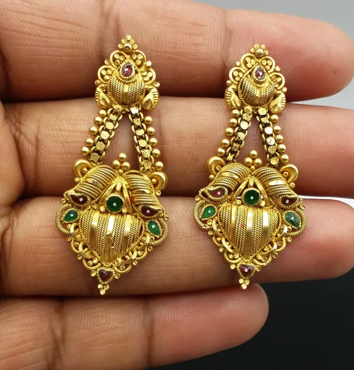 TRIBAL ORNAMENTS Earrings 22carat karat yellow gold handmade filigree work stud earring fabulous indian traditional design earring jewelry