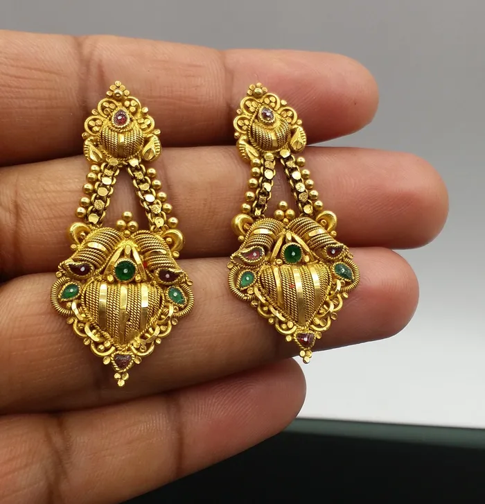 TRIBAL ORNAMENTS Earrings 22carat karat yellow gold handmade filigree work stud earring fabulous indian traditional design earring jewelry