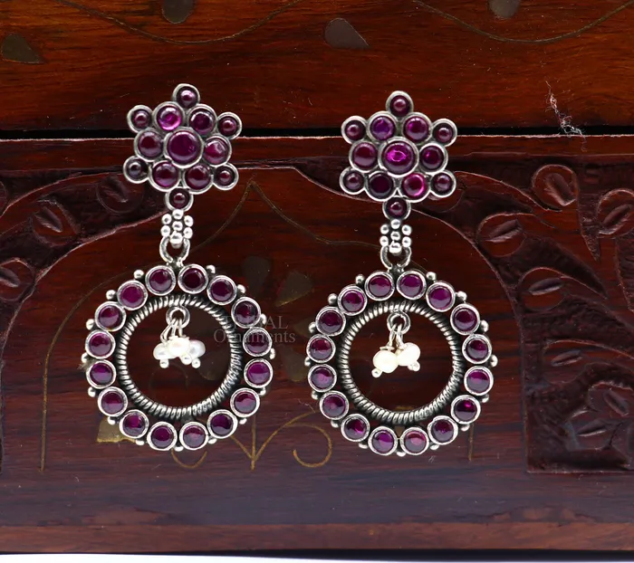 TRIBAL ORNAMENTS Earrings 925 silver customized trendy stud drop dangler round earring with gorgeous red beads and pearl best gifting earring jewelry s1025