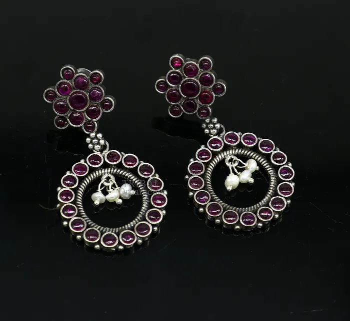 TRIBAL ORNAMENTS Earrings 925 silver customized trendy stud drop dangler round earring with gorgeous red beads and pearl best gifting earring jewelry s1025