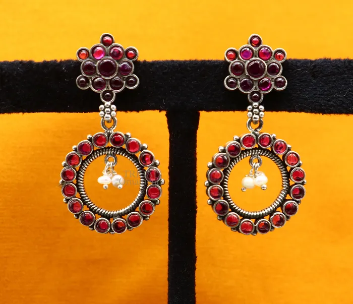 TRIBAL ORNAMENTS Earrings 925 silver customized trendy stud drop dangler round earring with gorgeous red beads and pearl best gifting earring jewelry s1025