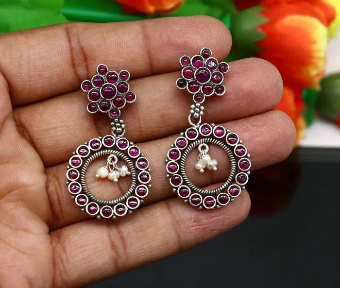 TRIBAL ORNAMENTS Earrings 925 silver customized trendy stud drop dangler round earring with gorgeous red beads and pearl best gifting earring jewelry s1025
