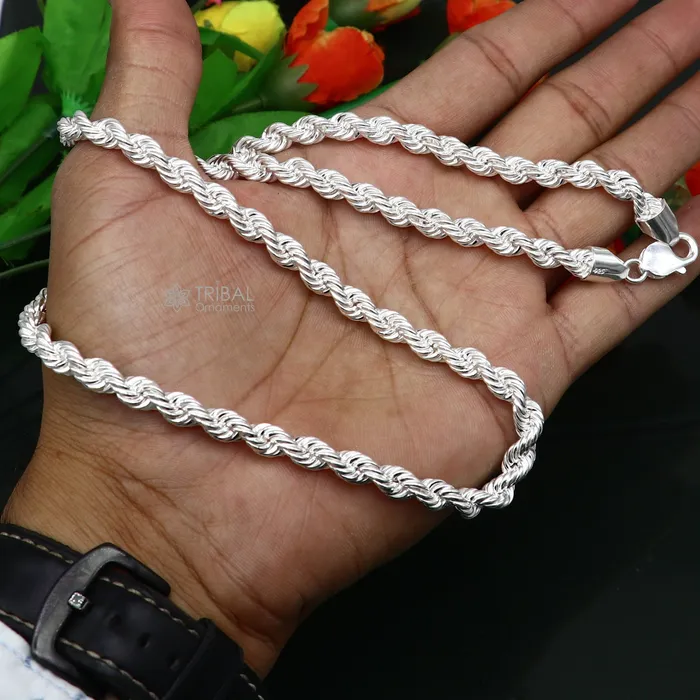 TRIBAL ORNAMENTS Necklaces 2024 Heavy Rope chain 925 sterling silver handmade single rope chain necklace chain plain bright silver trendy style mens chain ch569 TRIBAL ORNAMENTS Necklaces 2024 Heavy Rope chain 925 sterling silver handmade single rope chain necklace chain plain bright silver trendy style mens chain ch569