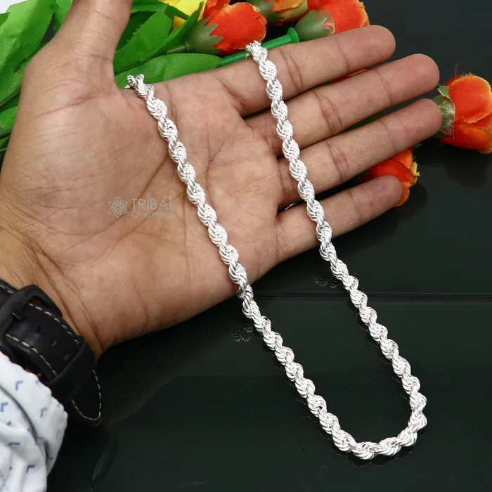 TRIBAL ORNAMENTS Necklaces 2024 Heavy Rope chain 925 sterling silver handmade single rope chain necklace chain plain bright silver trendy style mens chain ch569 TRIBAL ORNAMENTS Necklaces 2024 Heavy Rope chain 925 sterling silver handmade single rope chain necklace chain plain bright silver trendy style mens chain ch569