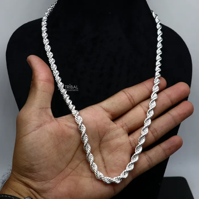 TRIBAL ORNAMENTS Necklaces 2024 Heavy Rope chain 925 sterling silver handmade single rope chain necklace chain plain bright silver trendy style mens chain ch569 TRIBAL ORNAMENTS Necklaces 2024 Heavy Rope chain 925 sterling silver handmade single rope chain necklace chain plain bright silver trendy style mens chain ch569