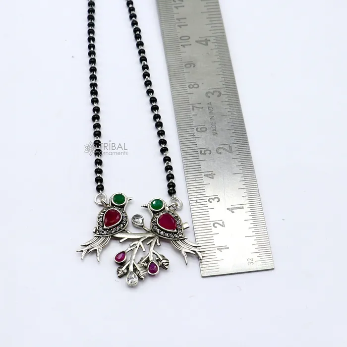 TRIBAL ORNAMENTS Necklaces 925 sterling silver black beads chain mangal sutra necklace best brides Mangalsutra chunky necklace love bird red green stone pendant ms63 TRIBAL ORNAMENTS Necklaces 925 sterling silver black beads chain mangal sutra necklace best brides Mangalsutra chunky necklace love bird red green stone pendant ms63