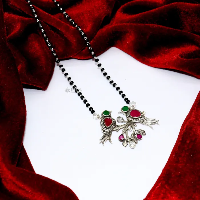 TRIBAL ORNAMENTS Necklaces 925 sterling silver black beads chain mangal sutra necklace best brides Mangalsutra chunky necklace love bird red green stone pendant ms63 TRIBAL ORNAMENTS Necklaces 925 sterling silver black beads chain mangal sutra necklace best brides Mangalsutra chunky necklace love bird red green stone pendant ms63