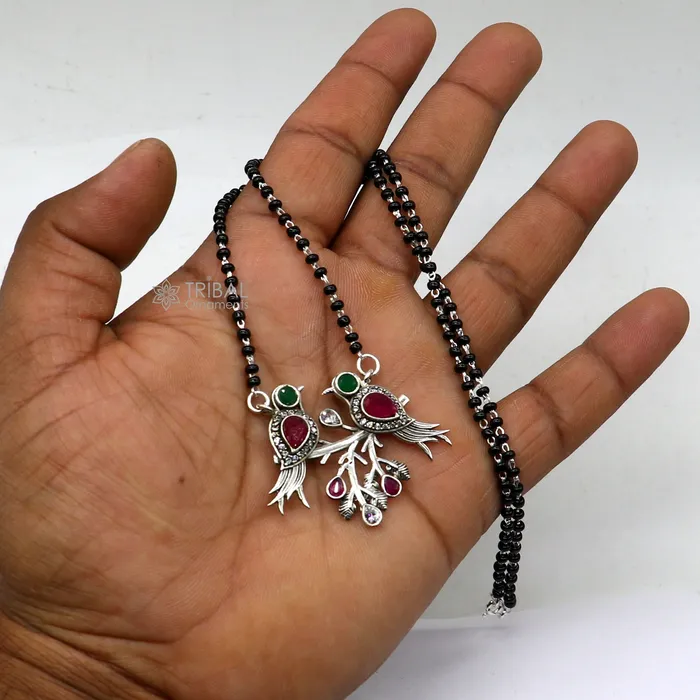 TRIBAL ORNAMENTS Necklaces 925 sterling silver black beads chain mangal sutra necklace best brides Mangalsutra chunky necklace love bird red green stone pendant ms63 TRIBAL ORNAMENTS Necklaces 925 sterling silver black beads chain mangal sutra necklace best brides Mangalsutra chunky necklace love bird red green stone pendant ms63