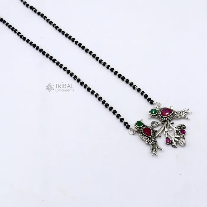 TRIBAL ORNAMENTS Necklaces 925 sterling silver black beads chain mangal sutra necklace best brides Mangalsutra chunky necklace love bird red green stone pendant ms63 TRIBAL ORNAMENTS Necklaces 925 sterling silver black beads chain mangal sutra necklace best brides Mangalsutra chunky necklace love bird red green stone pendant ms63