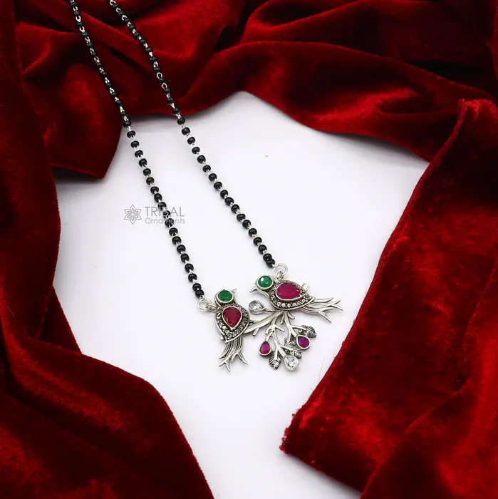 TRIBAL ORNAMENTS Necklaces 925 sterling silver black beads chain mangal sutra necklace best brides Mangalsutra chunky necklace love bird red green stone pendant ms63 TRIBAL ORNAMENTS Necklaces 925 sterling silver black beads chain mangal sutra necklace best brides Mangalsutra chunky necklace love bird red green stone pendant ms63