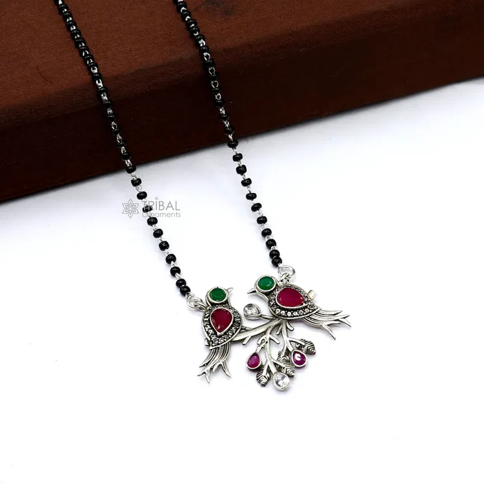 TRIBAL ORNAMENTS Necklaces 925 sterling silver black beads chain mangal sutra necklace best brides Mangalsutra chunky necklace love bird red green stone pendant ms63 TRIBAL ORNAMENTS Necklaces 925 sterling silver black beads chain mangal sutra necklace best brides Mangalsutra chunky necklace love bird red green stone pendant ms63