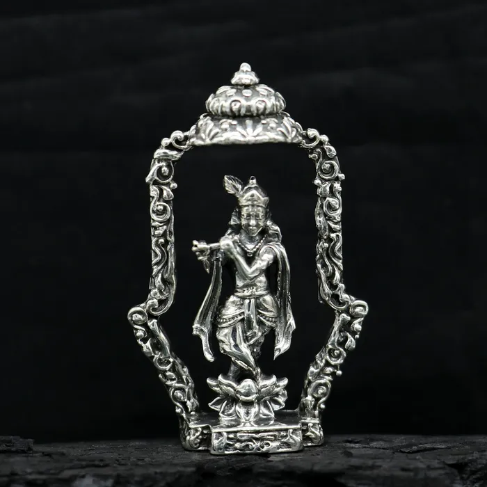TRIBAL ORNAMENTS Necklaces 925 Sterling silver handmade antique design Idols Lord krishna with flute standing Statue figurine puja articles decorative gift art16