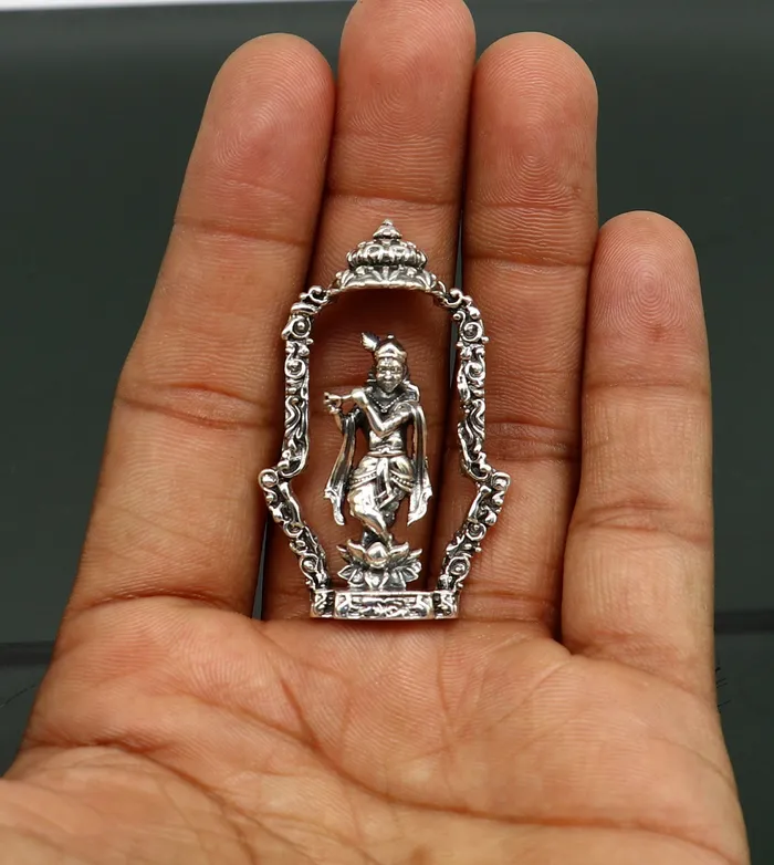 TRIBAL ORNAMENTS Necklaces 925 Sterling silver handmade antique design Idols Lord krishna with flute standing Statue figurine puja articles decorative gift art16
