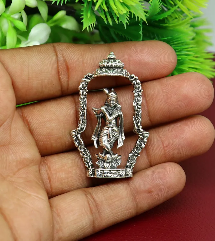 TRIBAL ORNAMENTS Necklaces 925 Sterling silver handmade antique design Idols Lord krishna with flute standing Statue figurine puja articles decorative gift art16