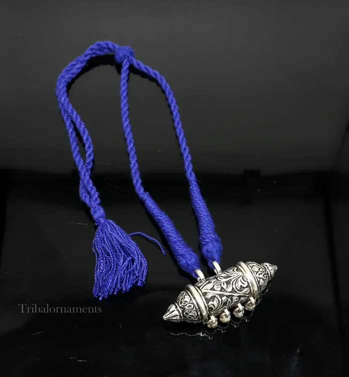 TRIBAL ORNAMENTS Necklaces 925 Sterling silver handmade vintage antique design pendant amulet with hangings bells excellent tribal jewelry from Rajasthan india nec274