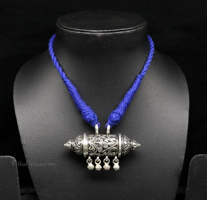 TRIBAL ORNAMENTS Necklaces 925 Sterling silver handmade vintage antique design pendant amulet with hangings bells excellent tribal jewelry from Rajasthan india nec274