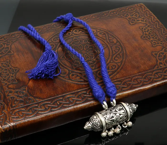TRIBAL ORNAMENTS Necklaces 925 Sterling silver handmade vintage antique design pendant amulet with hangings bells excellent tribal jewelry from Rajasthan india nec274