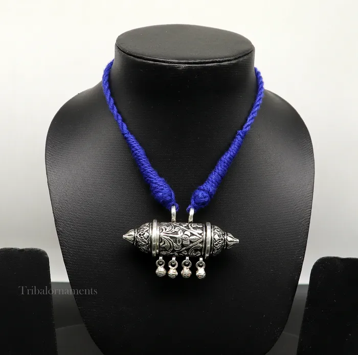 TRIBAL ORNAMENTS Necklaces 925 Sterling silver handmade vintage antique design pendant amulet with hangings bells excellent tribal jewelry from Rajasthan india nec274