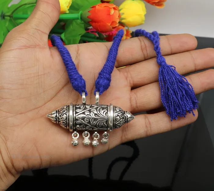 TRIBAL ORNAMENTS Necklaces 925 Sterling silver handmade vintage antique design pendant amulet with hangings bells excellent tribal jewelry from Rajasthan india nec274