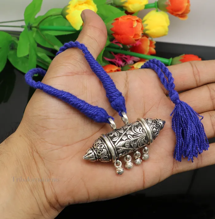 TRIBAL ORNAMENTS Necklaces 925 Sterling silver handmade vintage antique design pendant amulet with hangings bells excellent tribal jewelry from Rajasthan india nec274