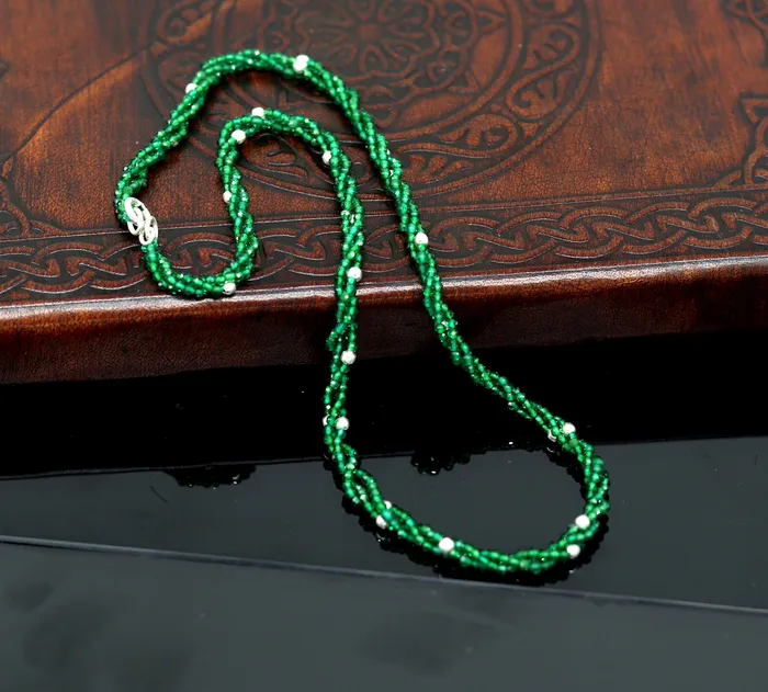 TRIBAL ORNAMENTS Necklaces Custom Galaxy Necklace with randomly placed silver semiprecious green beads 925 pure silver galaxy necklace triple strands necklace set134