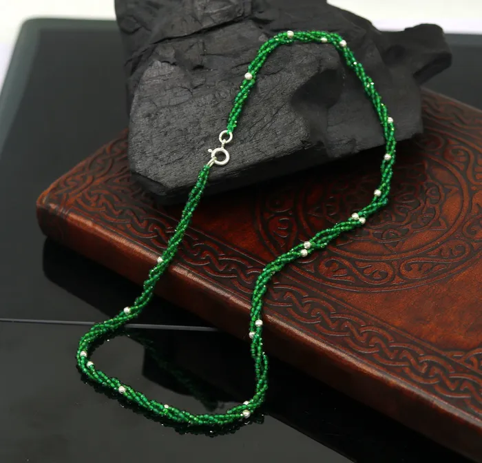 TRIBAL ORNAMENTS Necklaces Custom Galaxy Necklace with randomly placed silver semiprecious green beads 925 pure silver galaxy necklace triple strands necklace set134