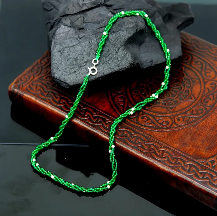 TRIBAL ORNAMENTS Necklaces Custom Galaxy Necklace with randomly placed silver semiprecious green beads 925 pure silver galaxy necklace triple strands necklace set134