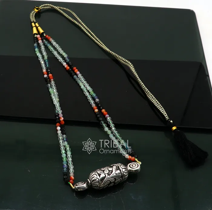 TRIBAL ORNAMENTS Necklaces Indian traditional cultural style trendy natural stone beaded 925 sterling silver chitai nakshi work necklace choker tribal jewelry set608 TRIBAL ORNAMENTS Necklaces Indian traditional cultural style trendy natural stone beaded 925 sterling silver chitai nakshi work necklace choker tribal jewelry set608