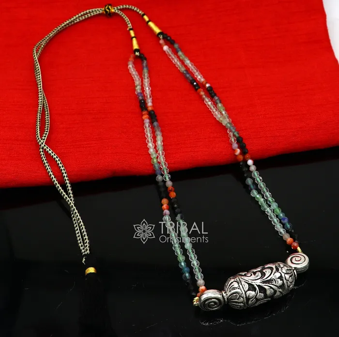 TRIBAL ORNAMENTS Necklaces Indian traditional cultural style trendy natural stone beaded 925 sterling silver chitai nakshi work necklace choker tribal jewelry set608 TRIBAL ORNAMENTS Necklaces Indian traditional cultural style trendy natural stone beaded 925 sterling silver chitai nakshi work necklace choker tribal jewelry set608