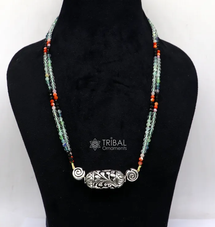 TRIBAL ORNAMENTS Necklaces Indian traditional cultural style trendy natural stone beaded 925 sterling silver chitai nakshi work necklace choker tribal jewelry set608 TRIBAL ORNAMENTS Necklaces Indian traditional cultural style trendy natural stone beaded 925 sterling silver chitai nakshi work necklace choker tribal jewelry set608