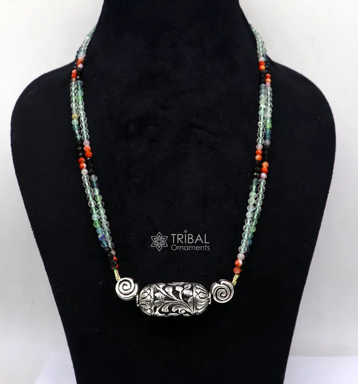 TRIBAL ORNAMENTS Necklaces Indian traditional cultural style trendy natural stone beaded 925 sterling silver chitai nakshi work necklace choker tribal jewelry set608 TRIBAL ORNAMENTS Necklaces Indian traditional cultural style trendy natural stone beaded 925 sterling silver chitai nakshi work necklace choker tribal jewelry set608