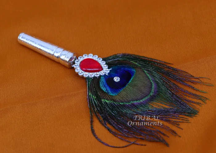 TRIBAL ORNAMENTS Necklaces Vintage style handmade Wooden base silver Morchhadi with peacock feather best lord krishna laddu gopala silver pankhi silver fan su905