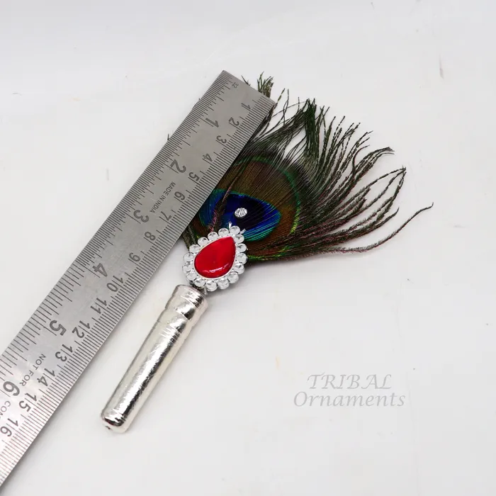 TRIBAL ORNAMENTS Necklaces Vintage style handmade Wooden base silver Morchhadi with peacock feather best lord krishna laddu gopala silver pankhi silver fan su905