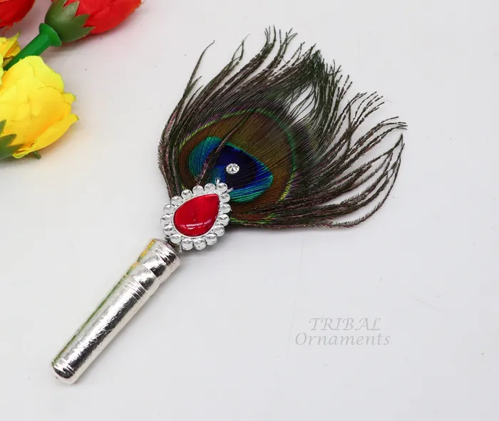 TRIBAL ORNAMENTS Necklaces Vintage style handmade Wooden base silver Morchhadi with peacock feather best lord krishna laddu gopala silver pankhi silver fan su905