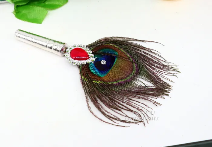 TRIBAL ORNAMENTS Necklaces Vintage style handmade Wooden base silver Morchhadi with peacock feather best lord krishna laddu gopala silver pankhi silver fan su905