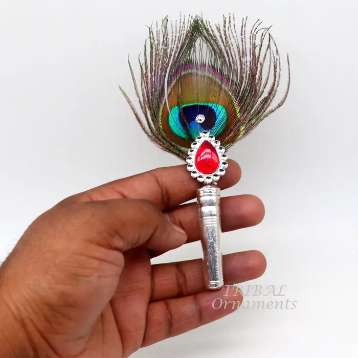 TRIBAL ORNAMENTS Necklaces Vintage style handmade Wooden base silver Morchhadi with peacock feather best lord krishna laddu gopala silver pankhi silver fan su905