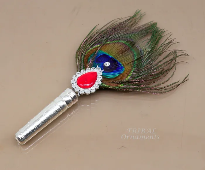TRIBAL ORNAMENTS Necklaces Vintage style handmade Wooden base silver Morchhadi with peacock feather best lord krishna laddu gopala silver pankhi silver fan su905