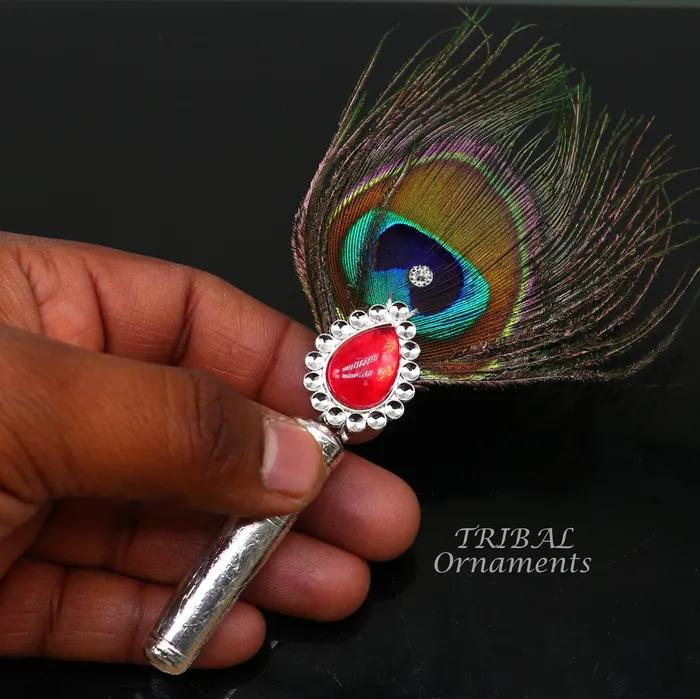 TRIBAL ORNAMENTS Necklaces Vintage style handmade Wooden base silver Morchhadi with peacock feather best lord krishna laddu gopala silver pankhi silver fan su905