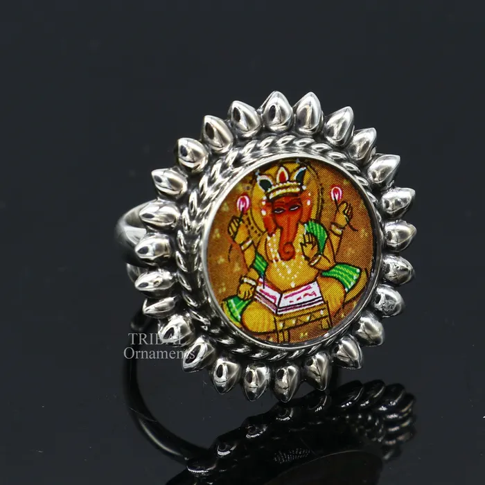 TRIBAL ORNAMENTS Rings 925 sterling silver adjustable ring band fabulous lord Ganesh studying miniature art painting frame ring Stylish ethnic jewelry RRing529 TRIBAL ORNAMENTS Rings 925 sterling silver adjustable ring band fabulous lord Ganesh studying miniature art painting frame ring Stylish ethnic jewelry RRing529