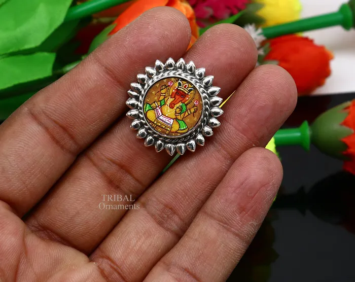 TRIBAL ORNAMENTS Rings 925 sterling silver adjustable ring band fabulous lord Ganesh studying miniature art painting frame ring Stylish ethnic jewelry RRing529